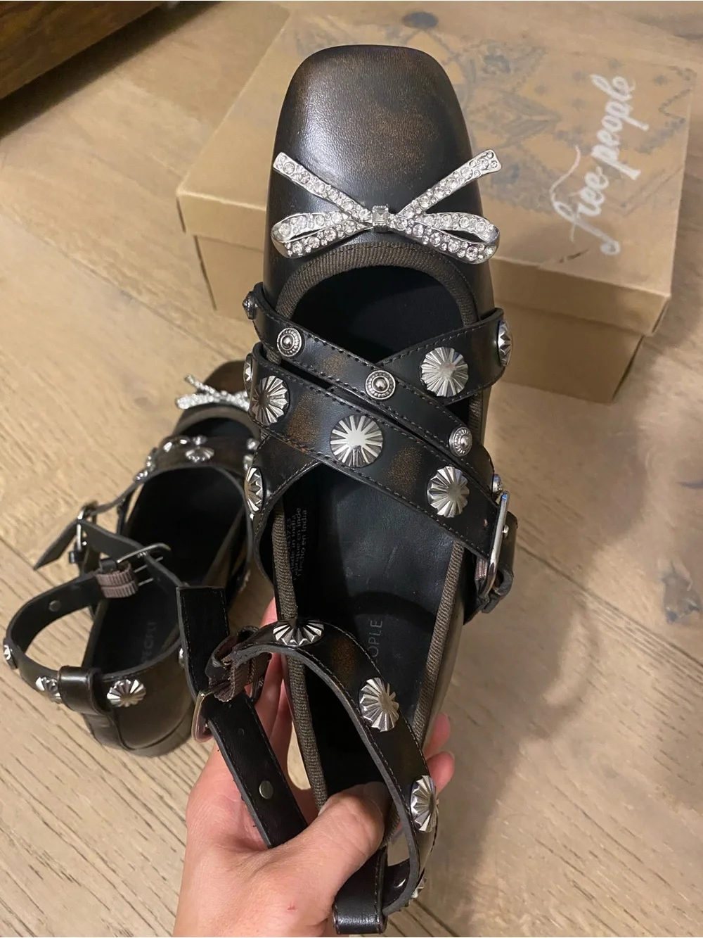 Free People Black Studded Ankle-Strap Flats with Crystal Bow Accents